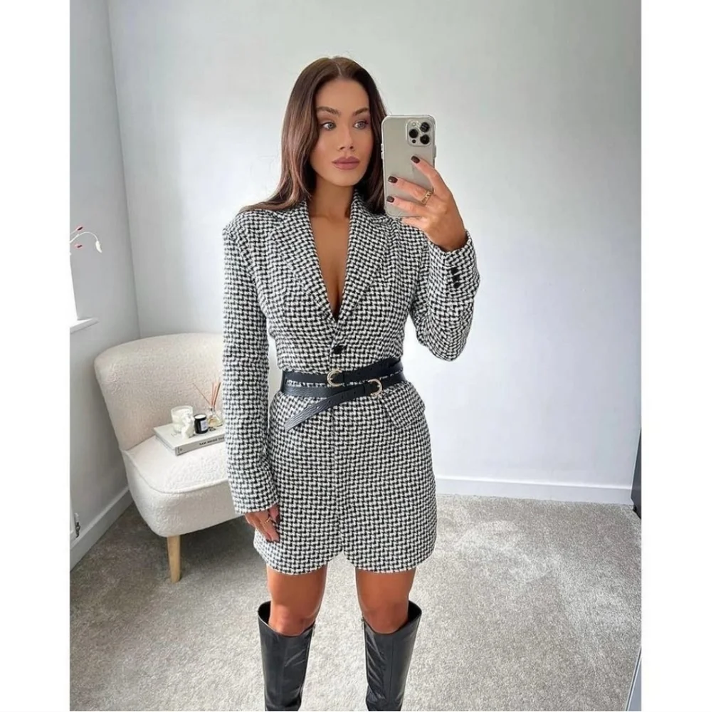 NWT Zara * Houndstooth Textured Tweed Blazer Dress Cut Out Size XS S - Picture 9 of 15
